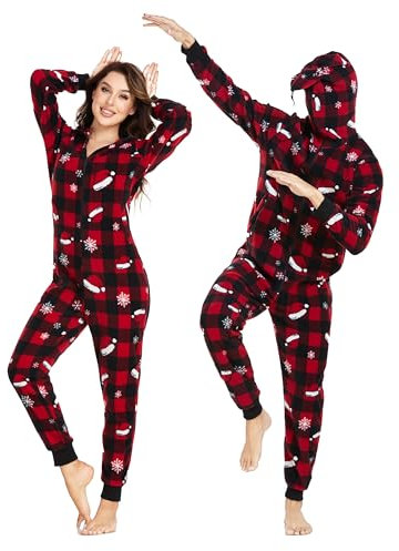 COLORFULLE Weihnachts Pyjama für Paare Einteiler Fleece Overall mit Reißverschluss Christmas Jumpsuit Onesie für,Damen,/Herren mit Taschen (Schneeflocke,Damen,L)