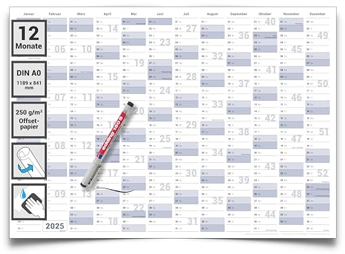 Jahresplaner Din A0 abwischbarer XL Wandkalender 2025 Wandplaner gerollt 118,8 x 84,0 cm gross inklusive 1 Marker. Jahreskalender 2025, Kalender - deutsche Sprache - von Gigatime