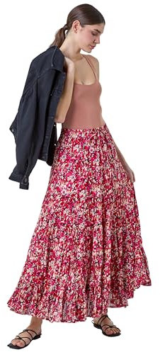 Roman Originals Gypsy Maxi Skirt for Women UK Ladies Tiered Bohemian Long Ankle Length Cotton Elasticated Waistband High Waist Monochrome Lounge Lightweight Holiday - Size 14 - Pink
