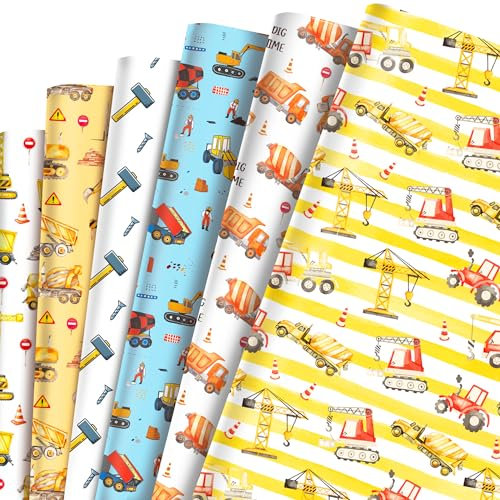Adirasenotek Bau-Geschenkpapier für Jungen und Kinder, 12 Bögen, 6 Arten, großer LKW, Geschenkpapier, Traktor, Geschenkpapier für Urlaub, Geburtstag, Jungen, Kinder, Bastelarbeiten,