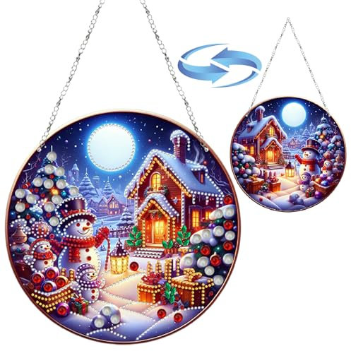 CXINLky DIY Diamond Art Painting Anhänger mit Kette, Diamant Painting Bilder, Weihnachten Diamond Malerei Wandbehang Kits für Fenster Wand Eingang Garten Decor-11-Schneemann