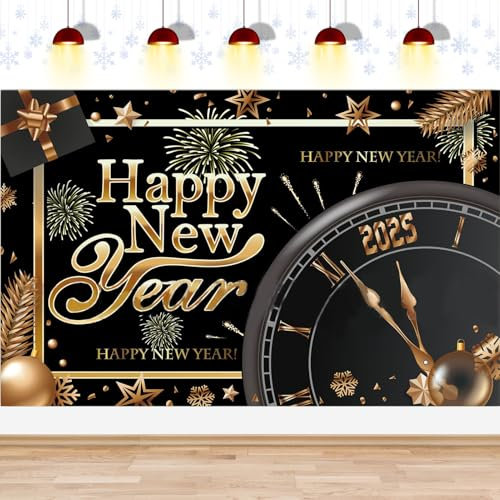 Shinybox Silvester Deko 2025 Dekoration, Neujahr Party Dekorationen Banner, Schwarz Gold Neujahr Banner, Happy New Year Banner, Frohes Neues Jahr Hintergrund für Silvesterpartydekoration(A)