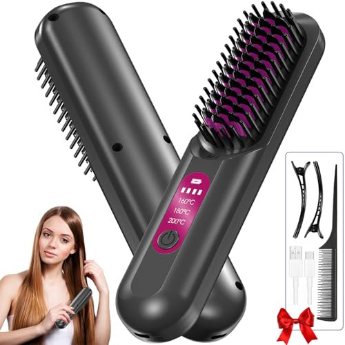 LADYSONS Haarglätter Bürste, 5000mAh Glättbürste Kabellos, Mini Tragbare Glätteisen für Reise, Schnelles Aufheizen, Negative Ionen Haarglätter Stylingbürste für Haarstyling