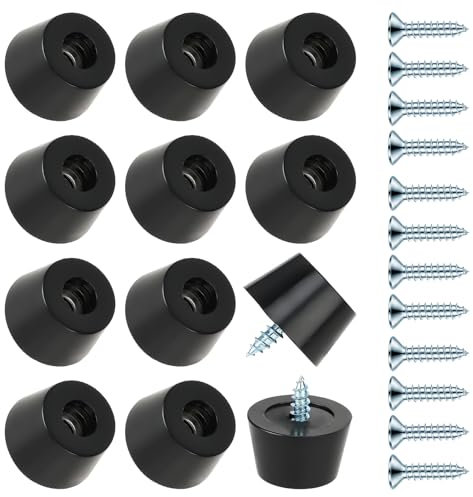 Ptwola 12 Pcs Round Rubber Feet Pads with Matching Steel Screws Anti-Slip Furniture Cabinet Floor Protector Cutting Chopping Board Bumpers Leg Pads for Electronics Desk Tables Couches
