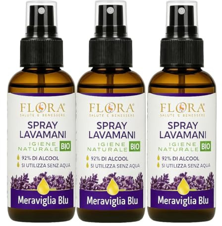 FLORA Spray Mani Lavanda, 3 Pz da 30 ml, Meraviglia Blu BIO-COSMOS-BDIH - Tre varietà di oli essenziali puri 100%