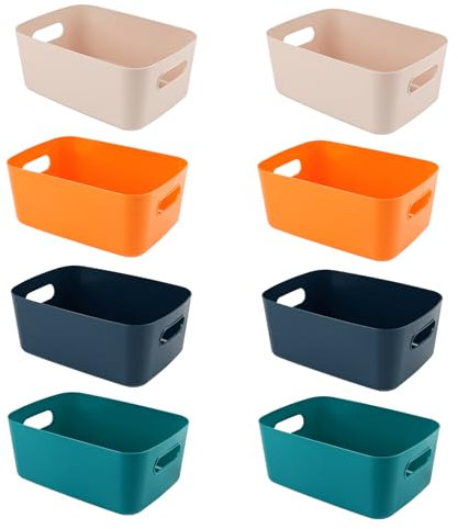 8PCS Colorful Plastic Medium-Sized Storage Boxes, 6.7x9.7x3.9in With Handle Storage Baskets, Suitable For Shelves, Kitchens, Offices, Refrigerators, Bathrooms, Homes, Rectangular Storage Box
