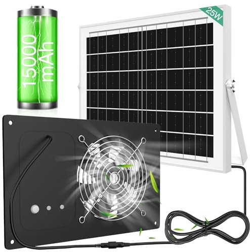 ANTEQI Solar Panel Fan Kit, 25W Solar Fan with Timer and 15000mAh Battery, Waterproof 3500 RPM High-Speed for Chicken Coops, Greenhouses, Pet Houses, Sheds & Windows Exhaust