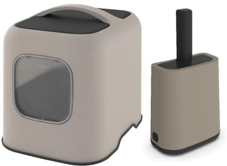 Rotho MyPet Biala Cat Litter Tray & Scoop Set – Large Covered Cat Litter Box with Carbon Filter, Scoop with Holder & 16 XL Bags – Odor Control, Easy Clean, Recycled Plastic (PP), Cappucino