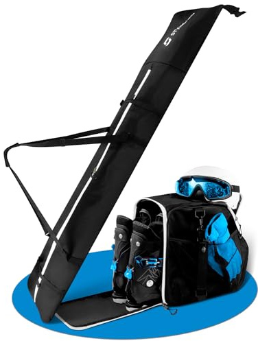 STYNGARD Skitasche Set Skisack [120 cm bis 160 cm] und Skischuhtasche mit Helmfach [40 L] - Skitasche und Stiefeltasche mit Lüftungsgitter - Modell St. Moritz (Schwarz-Weiss)