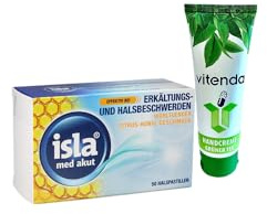 isla® med akut Zitrus-Honig Halspastillen – 50 Stück inclusive einer Handcreme von vitenda, bei intensiven Hals- und Stimmbeschwerden, mit Hydrogel-Komplex und Isländisch Moos
