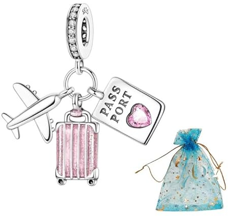 JABEDE Ciondolo da viaggio per braccialetto – Valigia rosa, aeroplano e passaporto, argento 925 per donne che amano viaggiare