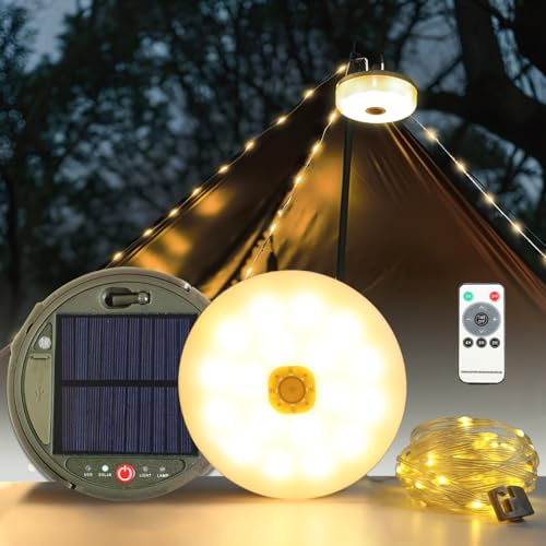 2-Pack Solar Camping Lichterkette Aufrollbar, 12M Tragbare Wasserdichte Campinglicht mit 8 Beleuchtungsmodi, Solarbetrieben und USB Wiederaufladbare Zeltlaterne mit Fernbedienung für Camping Wandern