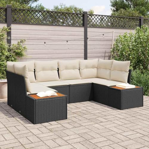 QJBSAVVA Gartensofa 6-Teilig Poly-Rattan Lounge Schwarz Creme 234x154x85 cm Modernes Design mit integriertem Stauraum und abnehmbaren Bezügen für Garten Terrasse Balkon