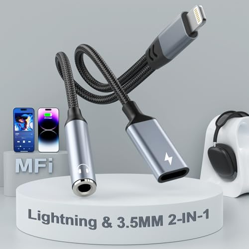 MTAKYA Lightning to 3.5mm Headphone Jack Adapter 【MFi Certified】 2 in 1 iPhone Aux Audio & Charge Adapter, Phone Headphone Adapter Support Music+Charge+Mic+Control Compatible with iPhone 14 13 12 11