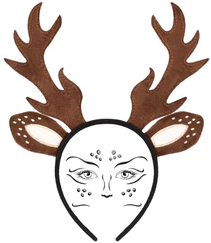 duludulu Reh Haarreif Damen, Karneval Reh Geweih Haarreif Rentier Kostüm Erwachsene Reh Ohren mit Gesichtstattoo Dame Cosplay für Fasching Halloween Christmas Festival Mottoparty
