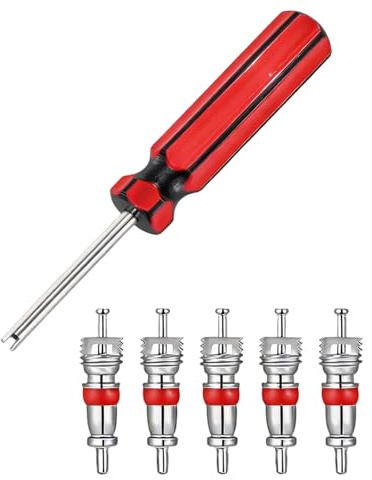 DikGifk Ventilausdreher für Autoventile, Rot Doppelseitig Ventilausdreher, Autoventil Schlüssel, Reifenventil Werkzeug, mit 5 Einsätze, für Fahrrad, Auto, Motorrad, LKW Reparaturwerkzeug