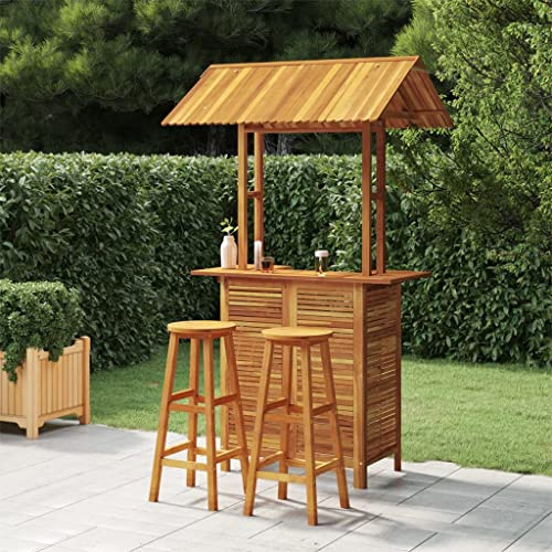 zylophax 3-TLG. Gartenbar-Set Massivholz Akazie mit Dach, wetterfestes Terrassenmöbel Set, Outdoor Sitzgruppe für Balkon und Garten, langlebige Gartenmöbel mit komfortablen Barhockern