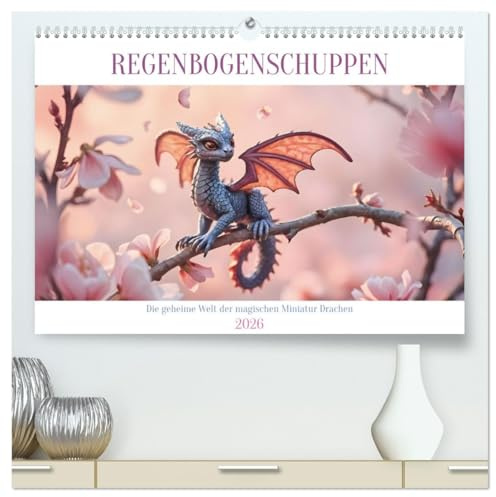 Regenbogenschuppen - Die geheime Welt der magischen Miniatur Drachen (hochwertiger Premium Wandkalender 2026 DIN A2 quer), Kunstdruck in Hochglanz