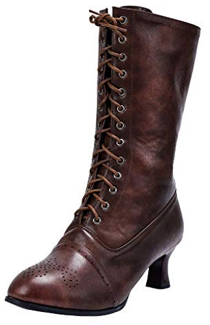 Ladies Lace Up Boots Calf Length Victorian Boots Women Leather Louis Heel Womens Vintage Boots Steampunk Gothic (6 UK, Brown)