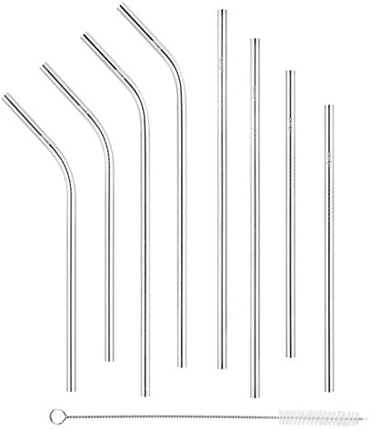 SHO Reusable Premium Stainless Steel 8 Set Metal Straws - 4 Bent, 4 Straight, 1 Cleaner, Multiple Sizes - 22.8cm (9), 18.3cm (7.5), 22.5cm (8.8), 18cm (7.1) - Drinking Straw, Case Included