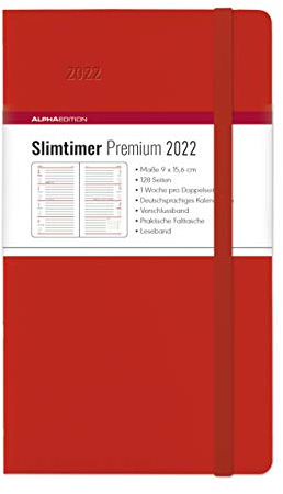 Slimtimer Premium Red 2022 - Taschen-Kalender 9x15,6 cm - mit Verschlussband & Falttasche - Balacron Einband - Weekly - 128 Seiten - Alpha Edition: ... & Falttasche - Balacron Einband - Weekly