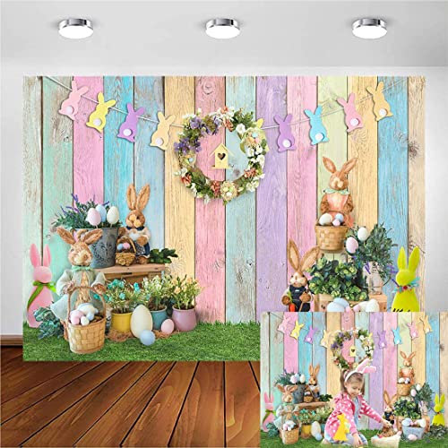 Avezano Frühling Ostern Hintergrund Holz Wand Ostern Girlande Urlaub Dekoration Hintergrund Hase Bunte Eier Gras Hintergrund Baby Dusche Kinder Portrait Party Banner (2,1 x 1,5 m)