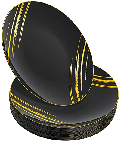 STACKABLES Lot de 20 assiettes en plastique rigide légères et réutilisables Noir avec motif doré 23 cm