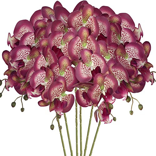 HinyoCo Künstliche Orchideen-Blumen, künstliche Phalaenopsis-Blumen, 81,3 cm, Stielpflanzen für Zuhause, Hochzeitsdekoration (rot mit Punkten), 6 Stück