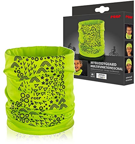 reer MyBuddyGuard Multifunktionsschal für Kinder, fluoreszierendes Gelb mit reflektierender Bedruckung, Schlauchtuch
