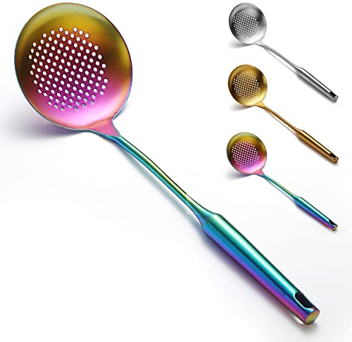 Evanda Skimmer, 38 cm Stainless Steel Kitchen Strainer with Colorful Titanium Plating, Slotted Spoon, with Comfort Handle and Hanging Holes, Strainers for Kitchen