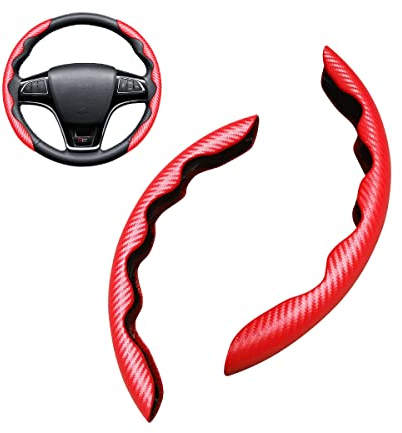 CGEAMDY PU Kohlfaser segmentierter Lenkradschutz, Modisch Segmentierte Auto Lenkradschutz, Anti Rutsch Atmungsaktiv Lenkradhülle, Auto Lenkradhülle Leder (Rot)
