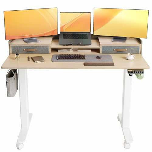 Claiks Schreibtisch Höhenverstellbar Elektrisch, Höhenverstellbarer Schreibtisch 140x60 cm mit Schubladen und Monitorständer, Standing Height Adjustable Desk, Beige
