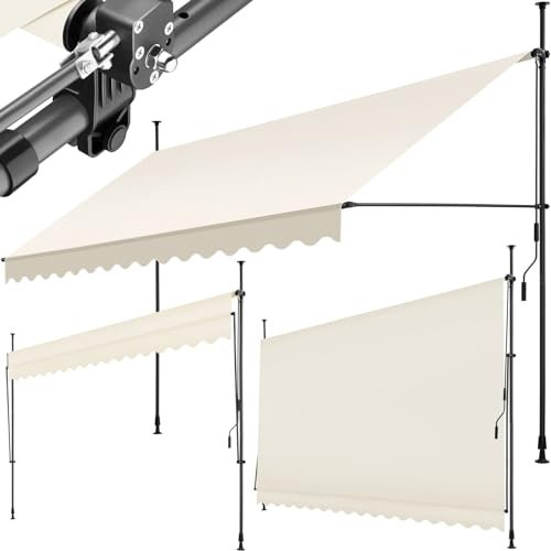 tectake® Toldo Terraza Manual Regulable en Altura con Manivela, Toldo Balcón sin Taladros, Toldo Extensible Terraza, Resistente a Rayos UV, Protección Solar y Repelente al Agua - 400 cm - Beige