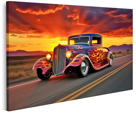 islandburner Bild auf Leinwand Hot Rod mit Flammenlackierung auf offener Straße bei Sonnenuntergang B Bilder Wandbilder Poster
