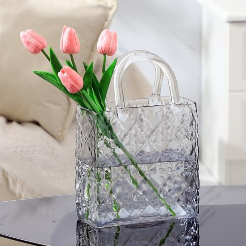 PORPAN Jarrón de cristal, jarrón de cristal para flores, jarrón de vidrio negro, jarrón grande de cristal de 12 pulgadas con patrón en relieve para bodas, sala de estar, dormitorio, mesa, oficina