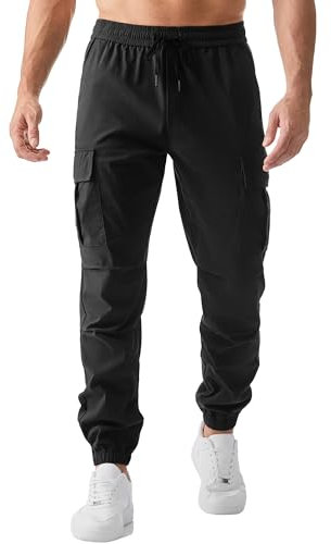 JMIERR Cargohose Herren Lang Jogger Sporthose Elastischer Taille mit Kordelzug Sweatpants Herren mit Taschen,Schwarz L