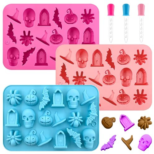 GreenYeah 3PCS Molde de Chocolate para Halloween, Molde de silicona para Halloween con 3 Pipetas, Moldes de Silicona para Chocolate de Halloween para Gomitas, Dulces, Chocolate, Galletas DIY