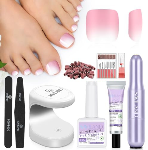 SaviLand Kit Faux Ongles pour Orteils: 216 PCS Capsules Courts Carrée Rose Blanche, Ponceuse a Ongle Professionel, Lampe U V, 15 ML Colle Gel a Ongles et 20ML Colle Solide