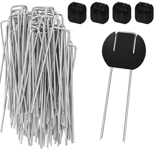 KOOSREEL Unkraut-Membran-Heringe, 50 Stück, 150 mm, Metall-Unkrautbekämpfungs-Membran-Heringe + 50 Stück Puffer-Unterlegscheiben, robuste Bodenheringe, Unkrautvlies, Kunstrasennadeln, Gartenheringe,