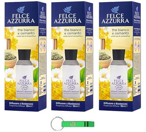 3 deodorante per ambienti Felce Azzurra, diffusore con bastoncini – Diffusore a Bastoncini – Tè bianco e profumo Osmanthus 120 ml + portachiavi Beni Culinari gratuito