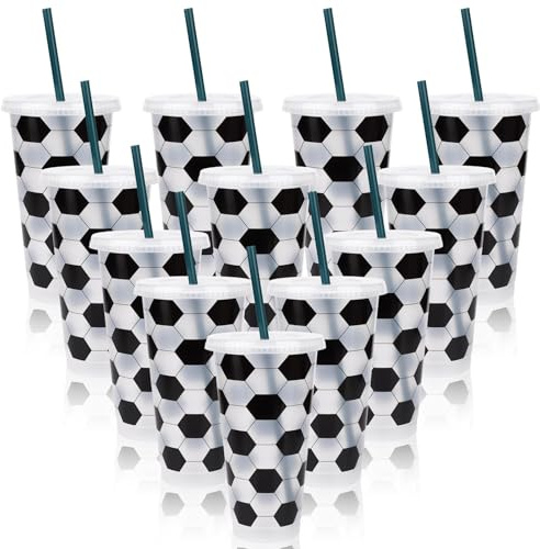 10 Stück 24 Oz Plastik Fußball Tasse Becher Geschenke Wiederverwendbare Trinkflaschen mit Deckel und Strohhalm Fussball Sportball Schwarz-Weiß Geburtstagsfeier für Trainer Fans Teamdekoration