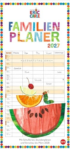 Die kleine Raupe Nimmersatt Familienplaner 2027: Familienkalender mit 5 Spalten. Liebevoll illustrierter Wandkalender mit Schulferien und Stundenplänen.