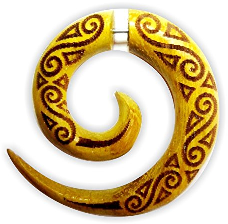 CHICNET Faux piercing en bois et acier inoxydable sculpté à la main - Grand ocre marron gravé - Pour homme et femme, Bois