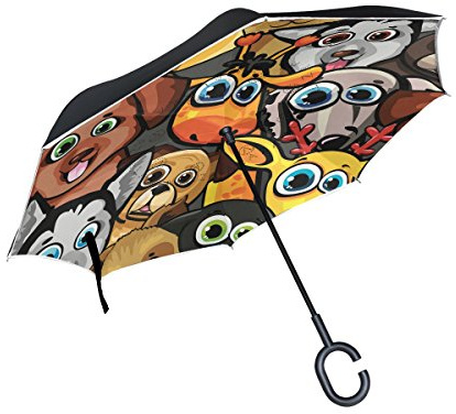 ISAOA Gro?er Regenschirm, umgekehrt, winddicht, doppellagige Konstruktion, umgekehrt, faltbarer Regenschirm f¨¹r Autoregen im Freien, C-f?rmiger Griff, selbststehend, niedlicher Hundeschirm
