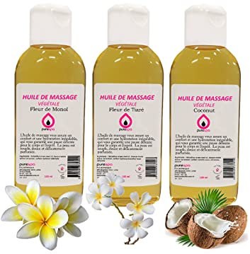 3 Huiles de Massage sensuel Naturelle - Coffret cadeau huile de massage végétale parfumée, Purespa By Purenail, Monoi, Tiaré, Coco