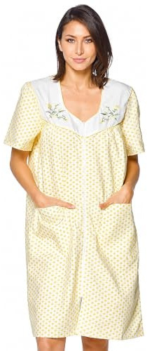 Casual Nights Women's Zipper Front House Dress Short Sleeves Duster Lounger Housecoat Robe, Dots Yellow, X-Large