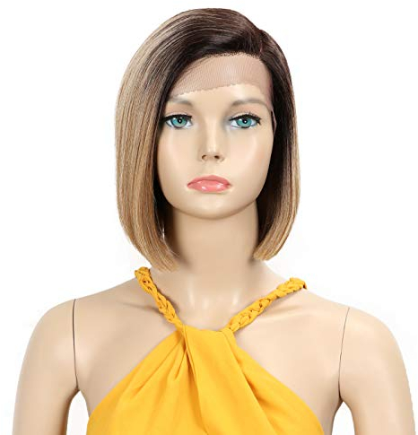 Début Lace Front Perücke für schwarze Damen Bob Perücke für weiße Damen Kunsthaar 24 cm 120g Braun Glatt Schweizer Spitze Hitzebeständige Fasern Halb Handgebunden (24 cm, TT6/23C)