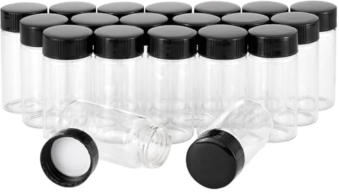 Unxuey 20 pcs 20 ml (2/3 Oz) Clear Glass Vials Sample Glass Bottles with Plastic Screw Black Cap Transparent Lab Vials Container