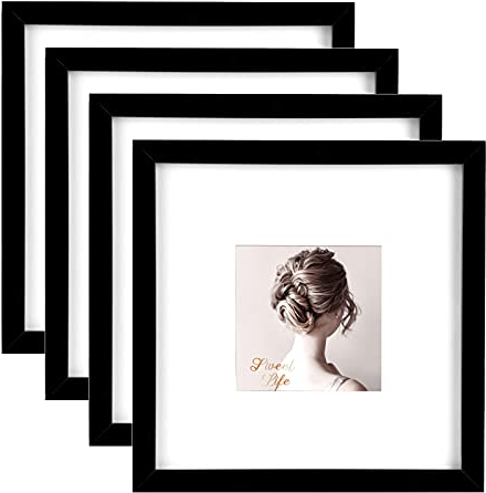 Egofine Cadres photo 20x20cm Noir Lot de 4, en bois composite robuste - Horizontal ou Vertical pour accrochage mural ou décoration de table