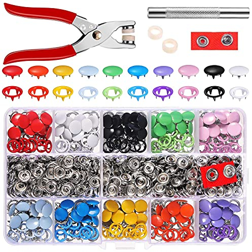 Interior Pro 200 Sets Druckknöpfe für Strampler, Zangen, Werkzeug, Zinken-Schnalle, Metall-Ring-Knöpfe, Nähen, Basteln, 9,5 mm, 10 Farben